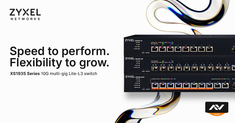 Grafika PR marki Zyxel Networks przedstawiająca serię przełączników sieciowych XS1935. Po lewej stronie, na jasnym tle, umieszczono logo Zyxel Networks oraz napis „Speed to perform. Flexibility to grow. XS1935 Series 10G multi-gig Lite-L3 switch”. Po prawej stronie zaprezentowano trzy czarne przełączniki (switche) zamontowane w stosie z widocznymi portami RJ-45 i SFP+. W prawym dolnym rogu znajduje się logo AVoIP, a w tle płynne, metaliczne wstęgi.