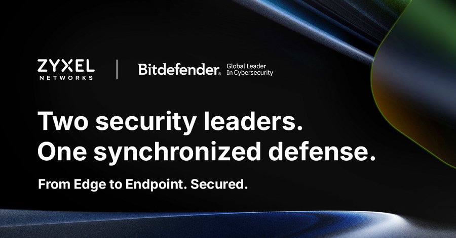 Grafika partnerska Zyxel Networks i Bitdefender na ciemnym tle, promująca zintegrowane rozwiązania z zakresu bezpieczeństwa it. W górnej części widnieją logotypy obu marek: Zyxel Networks oraz Bitdefender Global Leader in Cybersecurity. Na środku umieszczono białe napisy: „Twoj security leaders. One synchronized defense.” oraz podsumowujący slogan „From Edge to Endpoint. Secured.”.