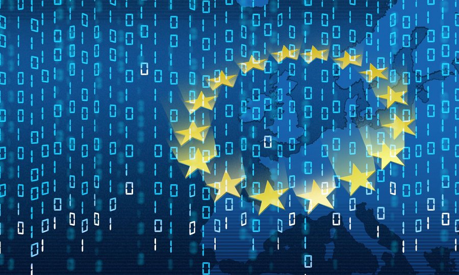 Gwiazdy flagi Unii Europejskiej na niebieskim tle, na którym znajduje się także kod dwójkowy