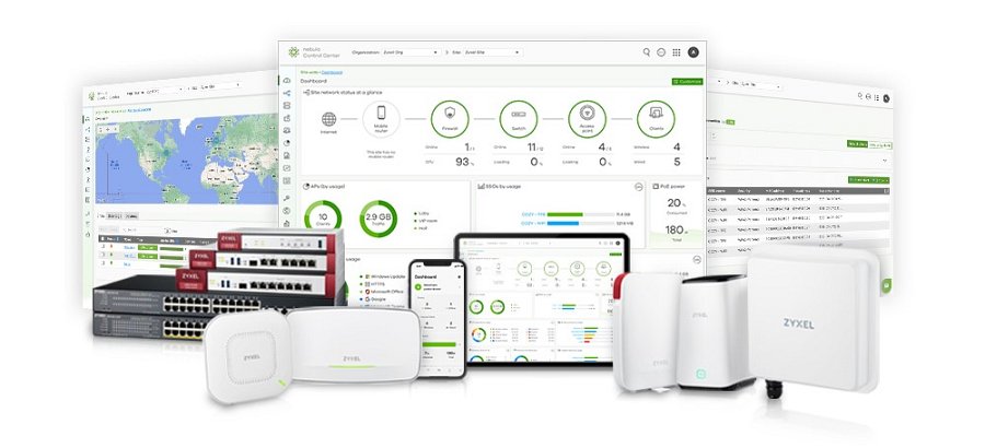 Urządzenia i oprogramowanie Zyxel do zarządzania siecią biznesową, w tym routery, przełączniki, punkty dostępowe Wi-Fi oraz panel kontrolny Nebula Control Center.