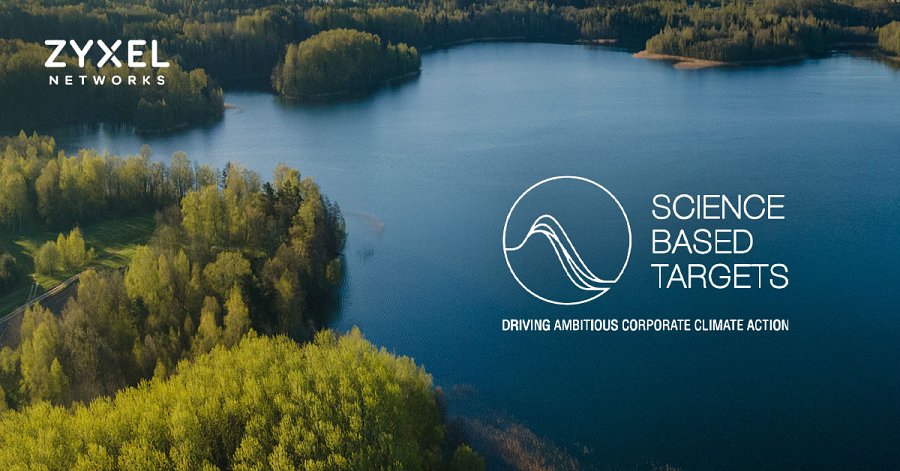 Logo Zyxel Networks w lewym górnym rogu. Po prawej stronie, na tle jeziora otoczonego lasem, biały okrąg z czterema falami, a obok niego tekst: 'SCIENCE BASED TARGETS' i pod spodem 'DRIVING AMBITIOUS CORPORATE CLIMATE ACTION'.