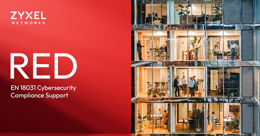 Po lewej stronie, na czerwonym tle, znajduje się logo Zyxel Networks oraz duży biały napis "RED". Poniżej widać mniejszy napis: "EN 18031 Cybersecurity Compliance Support". Prawa część grafiki przedstawia fragment nowoczesnego biurowca, z wieloma przeszklonymi pokojami, w których pracują ludzie.