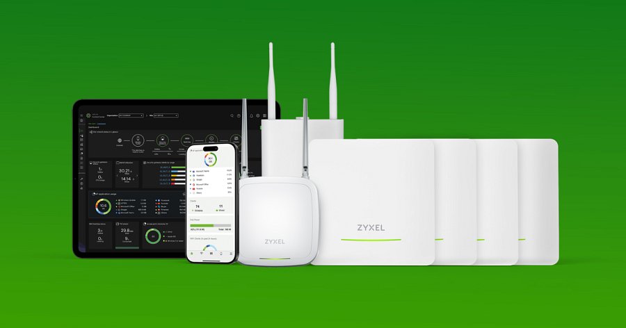 Nowe punkty dostępowe WiFi 7 Zyxel na zielonym tle, po lewej smartfon z aplikacją Nebula i pulpit z Nebulą