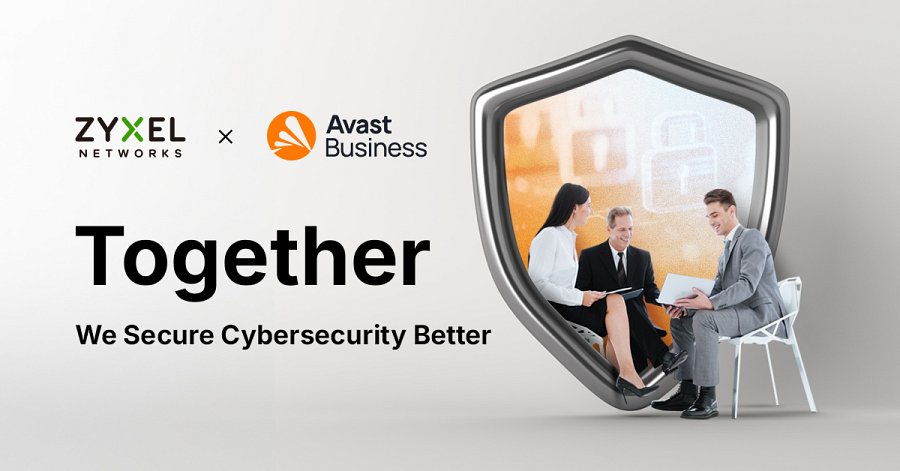 Baner współpracy Zyxel Networks i Avast Business z hasłem „Together. We Secure Cybersecurity Better” ("Razem. Zapewniamy lepsze cyberbezpieczeństwo") oraz grafiką tarczy chroniącej pracowników biurowych.