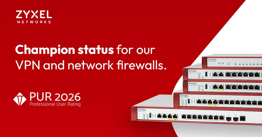 Urządzenia cyberbezpieczeństwa Zyxel - po lewej stronie napis po angielsku: "Status Championa za nasze rozwiązania z dziedziny VPN i zapór sieciowych". Na górze logo Zyxel Networks, na dole logo  PUR 2026 - Professional User Rating
