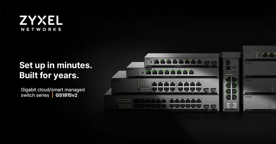 Grafika promocyjna Zyxel Networks na czarnym tle przedstawiająca serię przełączników gigabitowych GS1915v2. Po lewej stronie widnieje logo firmy oraz napis &bdquo;Set up in minutes. Built for years. Gigabit cloud/smart managed switch series GS1915v2&rdquo;. Po prawej stronie zaprezentowano ułożone w stos urządzenia sieciowe z podświetlonymi portami.   