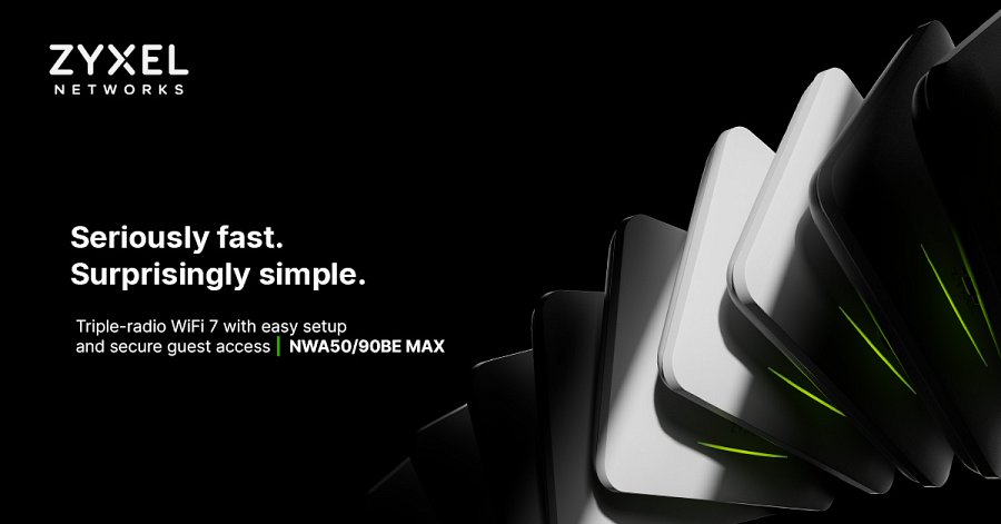 Grafika promocyjna Zyxel Networks na czarnym tle promująca punkty dostępowe WiFi 7 z serii NWA50/90BE MAX. Po lewej stronie widnieje logo marki oraz napis „Seriously fast. Surprisingly simple. Triple-radio WiFi 7 with easy setup and secure guest access | NWA50/90BE MAX”. Po prawej stronie w dynamicznym układzie wyeksponowano białe i czarne urządzenia sieciowe.